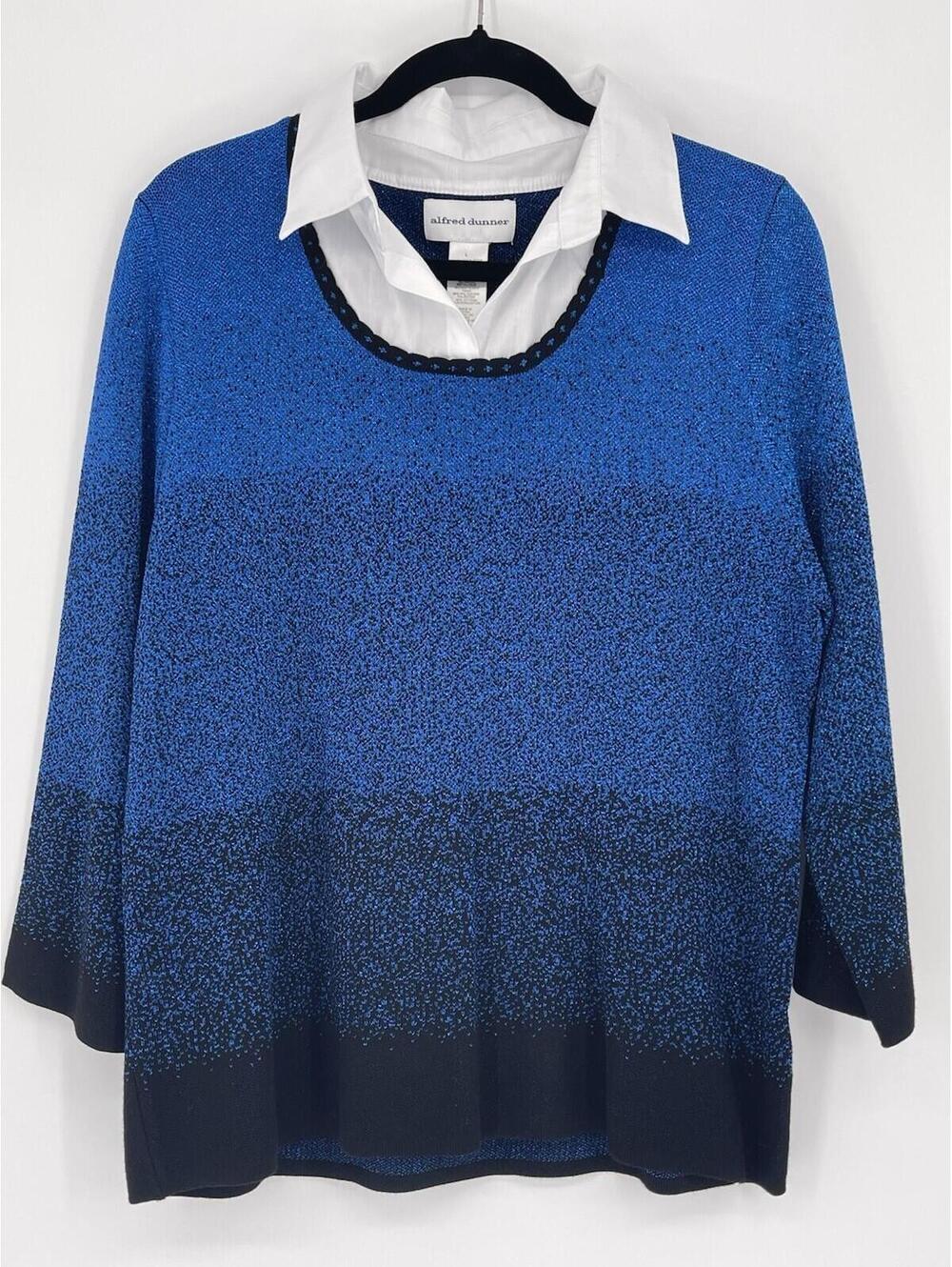 Alfred Dunner Blue & Black Metallic Knit Layered Look Sweater Top L 3/4 Sleeve